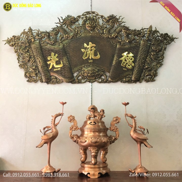 Bộ Tam Sự Bằng Đồng Đỏ Đỉnh Hoa Sòi Chạm Ám 60cm