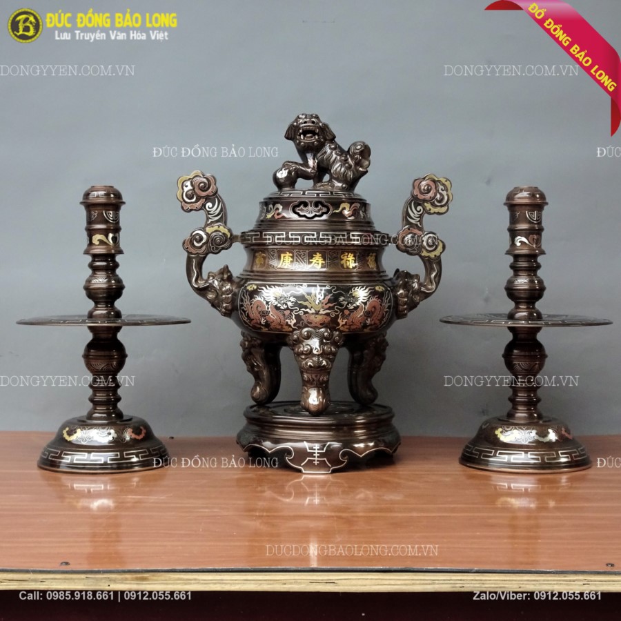 Bộ Tam Sự Đỉnh Nến 55cm Khảm Tam Khí 5 CV Cao Cấp