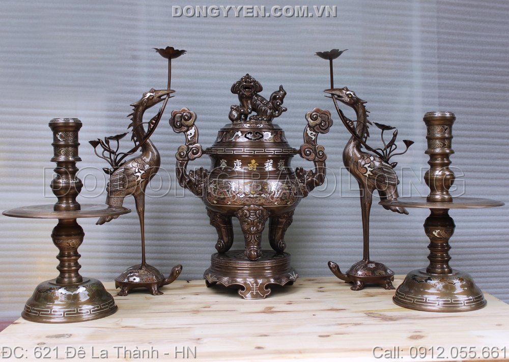 bộ ngũ sự bằng đồng khảm ngũ sắc cao 50cm