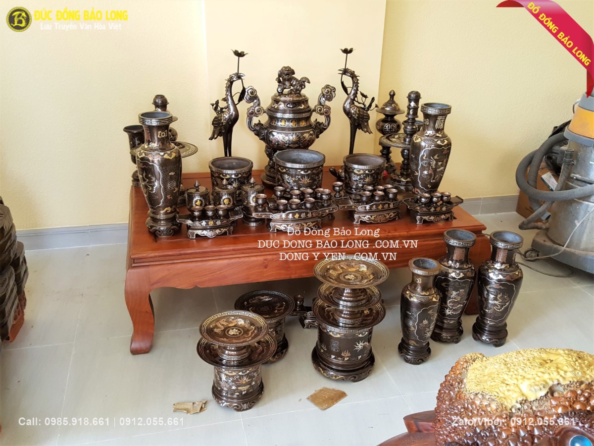 bộ đồ thờ bằng đồng khảm ngũ sắc