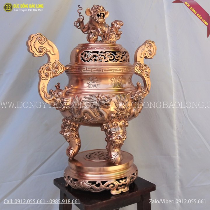 Bộ Đồ Thờ Đỉnh Rồng Nổi Bằng Đồng Đỏ 70cm
