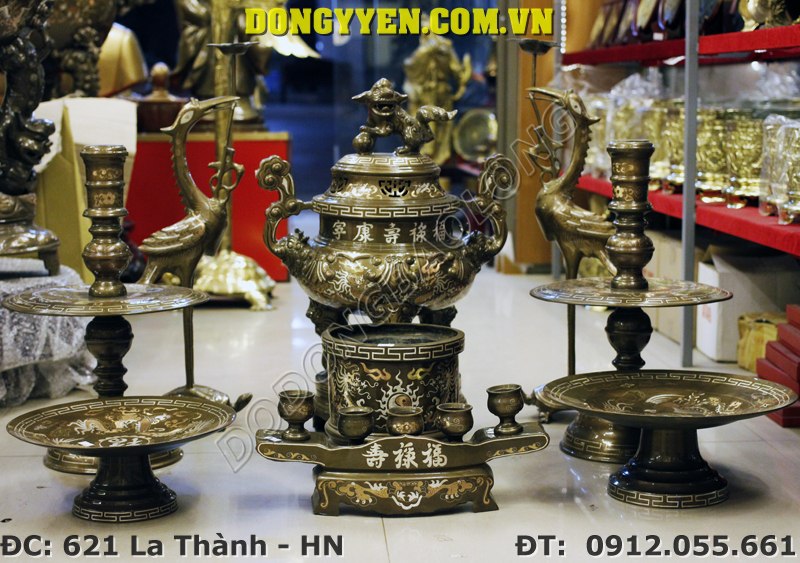 Bộ Đồ Thờ Bằng Đồng Khảm Tam Khí Ngũ Sự Khảm Tam Khí
