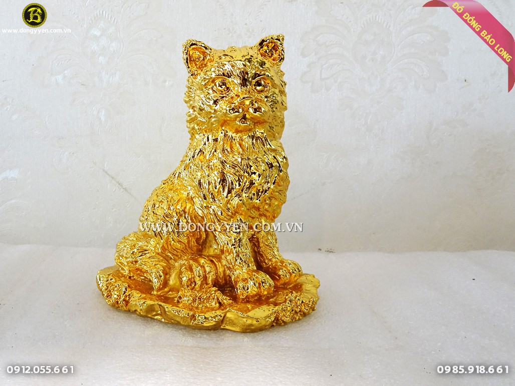 mèo phong thủy bằng đồng mạ vàng 24k 14cm