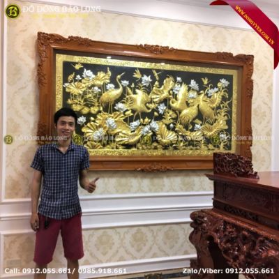 Tranh Sen Hạc Bằng Đồng Mạ Vàng Dát Bạc 2m37 x 1m33