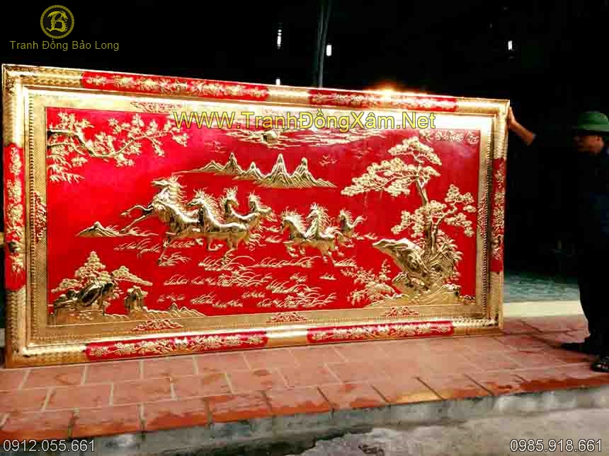 tranh bát mã khổ lớn 3m21 khung đồng
