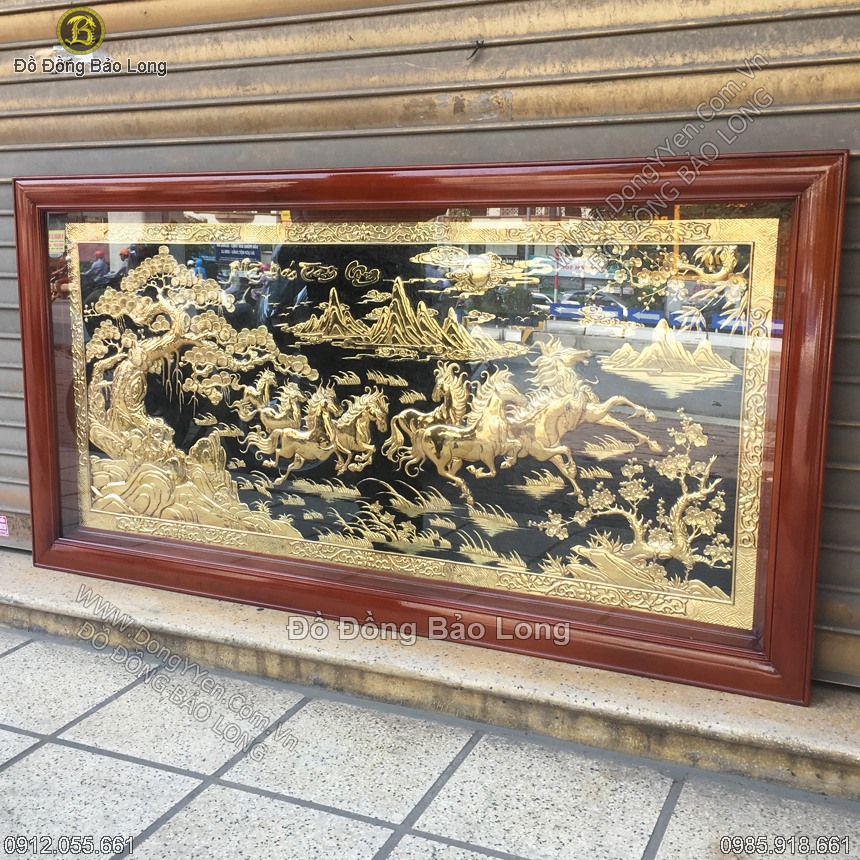 tranh bát mã bằng đồng mạ vàng 24k 1m55