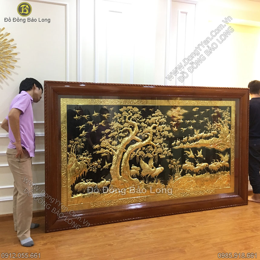 Tranh Bách Hạc Quần Tùng Mạ Vàng 24k 2m62