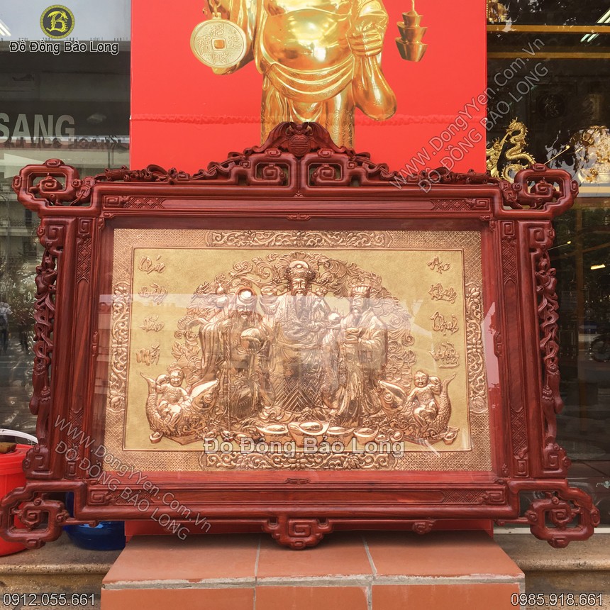 Tranh Đồng Phúc Lộc Thọ Khung Gỗ Hương Đỏ 1m33