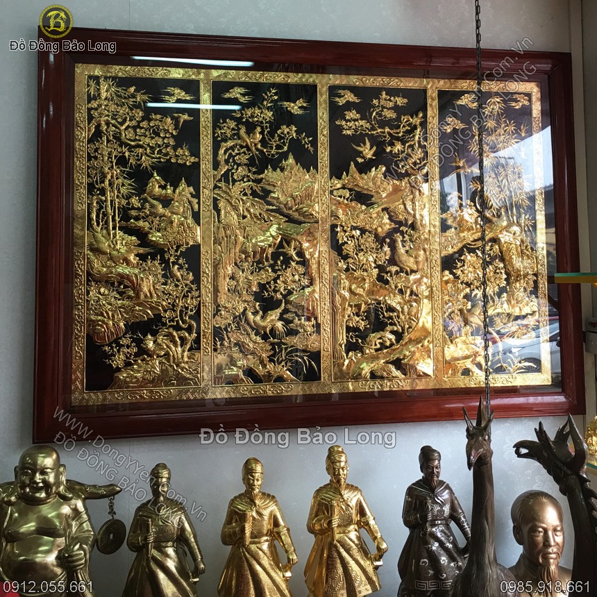 Tranh Đồng Tứ Quý Liền Dải Mạ Vàng 24k