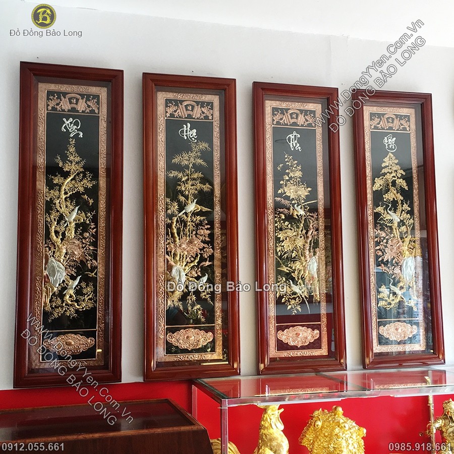 Bộ Tứ Quý Đồng Đỏ Mạ Vàng, Bạc 1m27