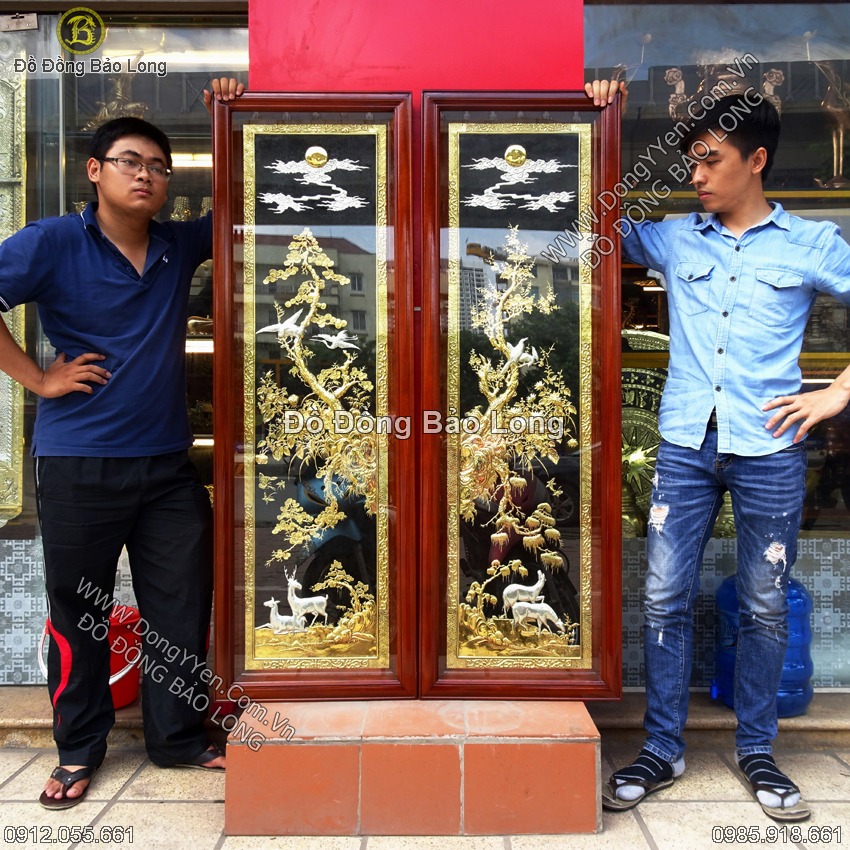Cặp Tranh Tùng Lộc Mai Điểu Mạ Vàng Mạ Bạc 1m55