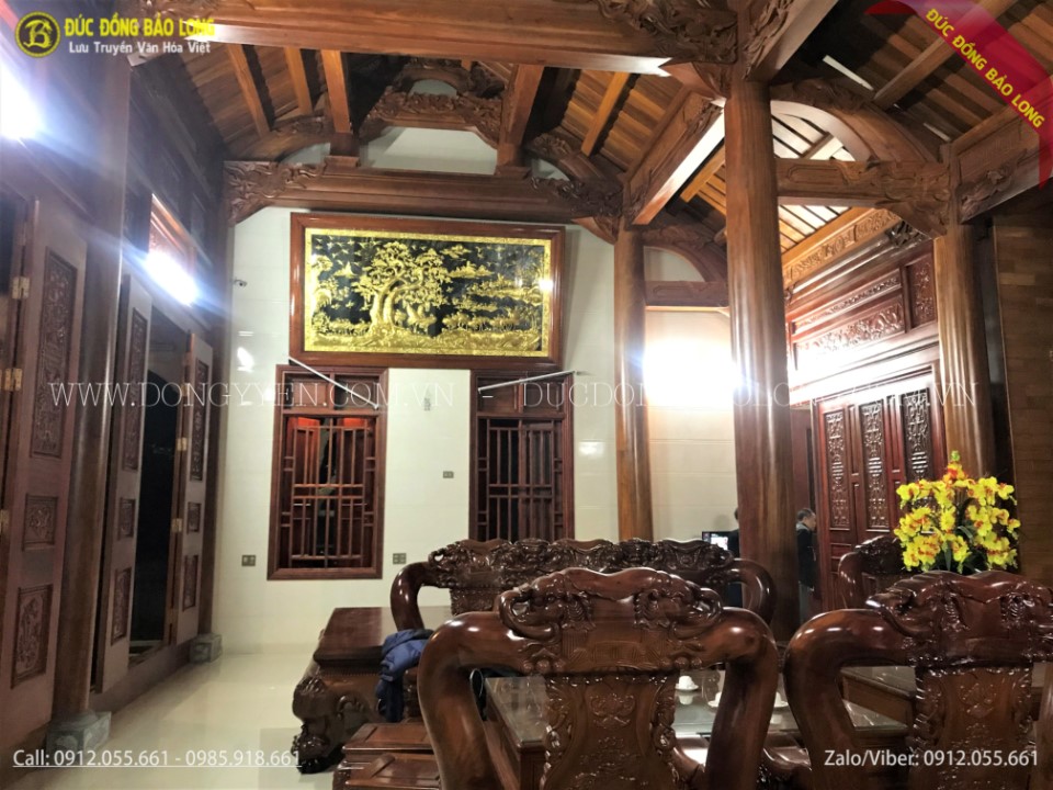 tranh bách hạc quần tùng dát vàng