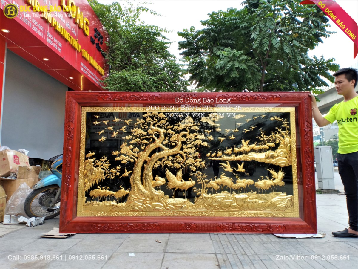 tranh bách hạc mạ vàng