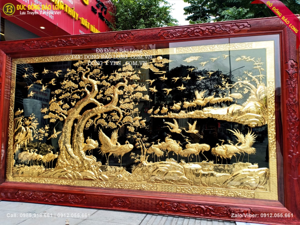 tranh bách hạc mạ vàng 24k