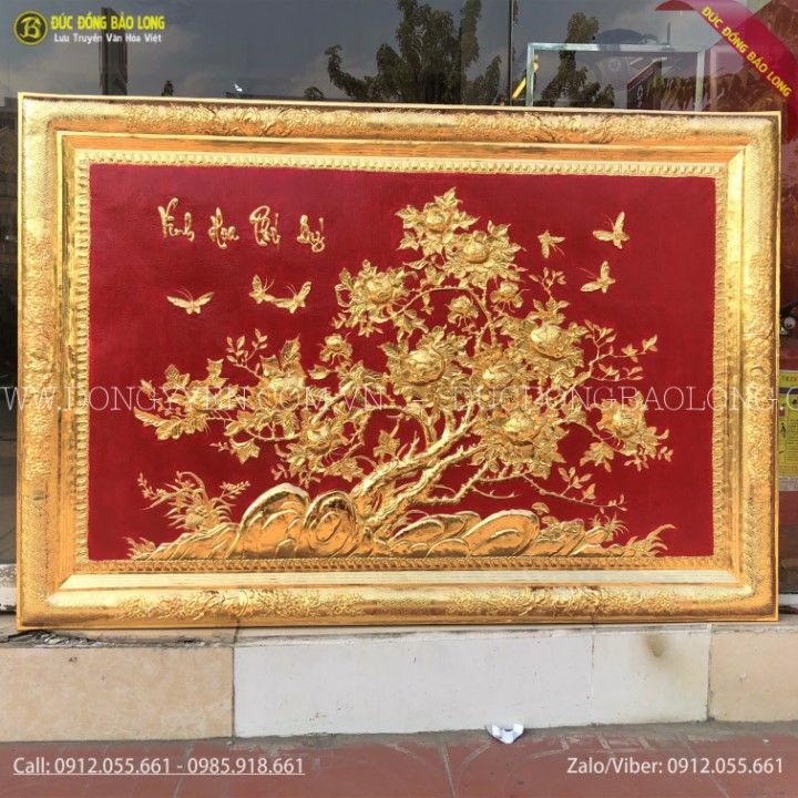 Tranh Hoa Mẫu Đơn Khung Đồng Mạ Vàng 24k 1m27 x 88cm