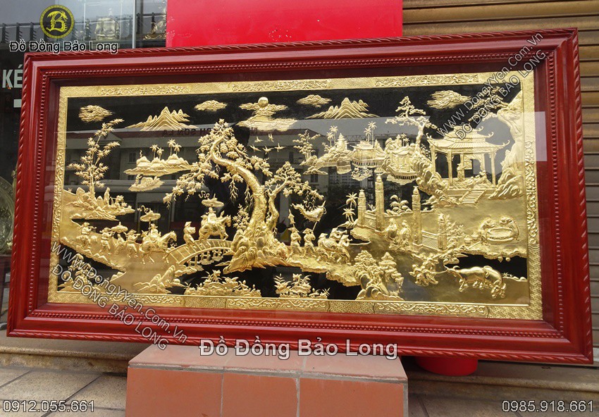 tranh vinh quy bái tổ khung gỗ hương mạ vàng 24k 1m97