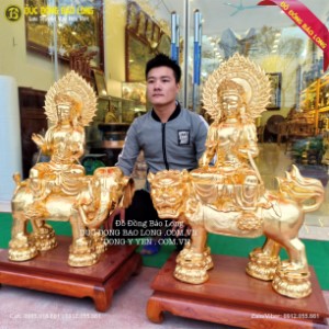 Tượng Văn Thù Phổ Hiền Bồ Tát cao 89cm Dát Vàng 9999
