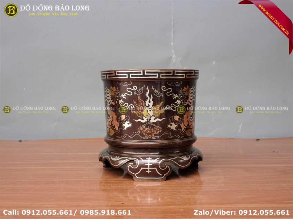 bát hương bằng đồng đỏ khảm tam khí 16cm