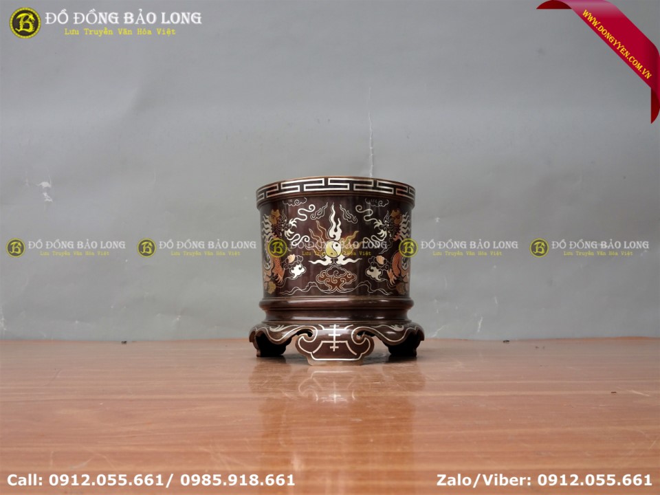 bát hương bằng đồng đỏ khảm tam khí