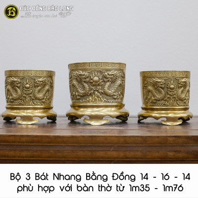 Bộ 3 Bát Hương Đồng Vàng Đúc Thủ Công ĐK 14cm - 16cm - 14cm