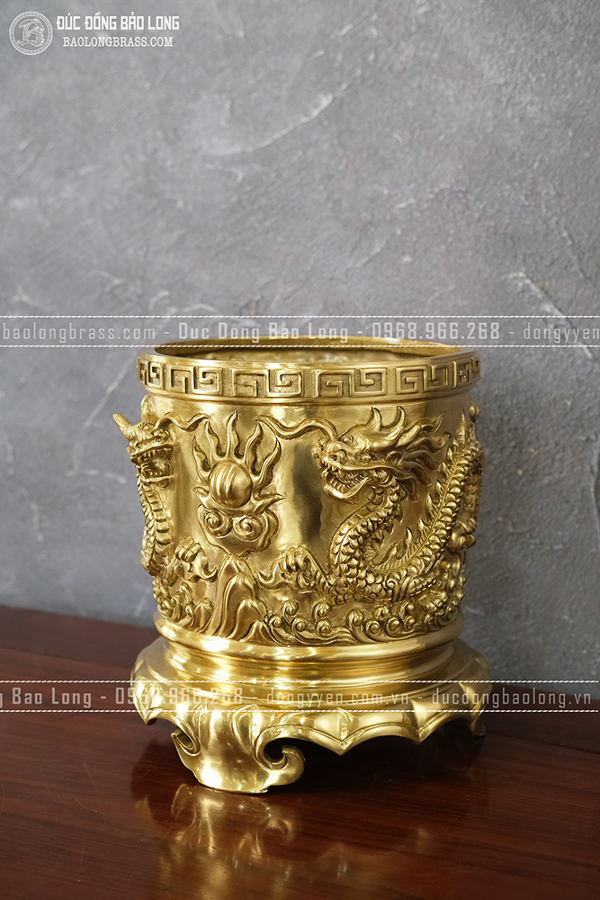 Bát Hương Bằng Đồng Vàng Catut Đúc Rồng Chầu Nguyệt Cao 23cm