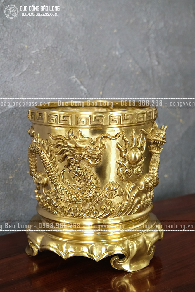 Bát Hương Bằng Đồng Vàng Catut Đúc Rồng Chầu Nguyệt Cao 23cm