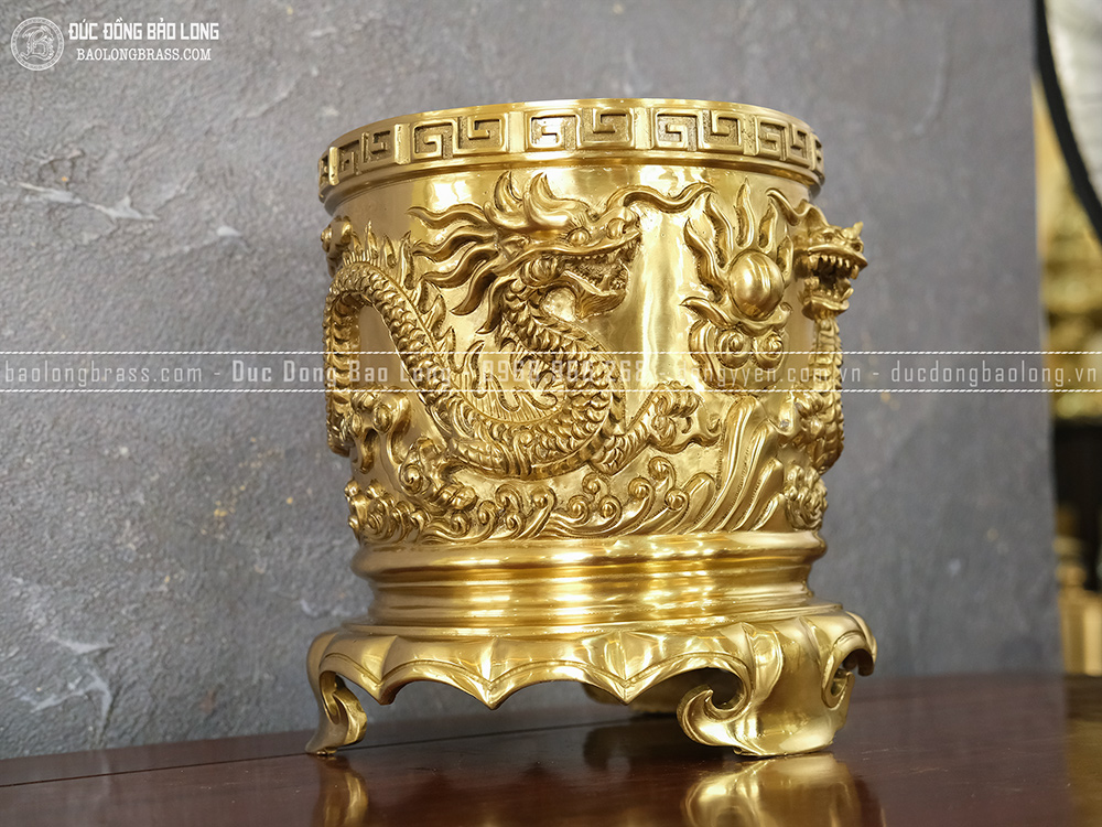 Bát Hương Bằng Đồng Vàng Catut Đúc Rồng Chầu Nguyệt Cao 23cm