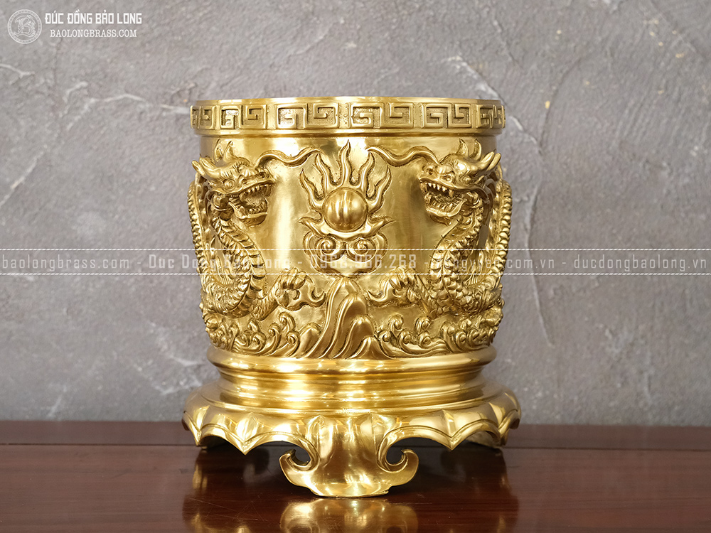 Bát Hương Bằng Đồng Vàng Catut Đúc Rồng Chầu Nguyệt Cao 23cm