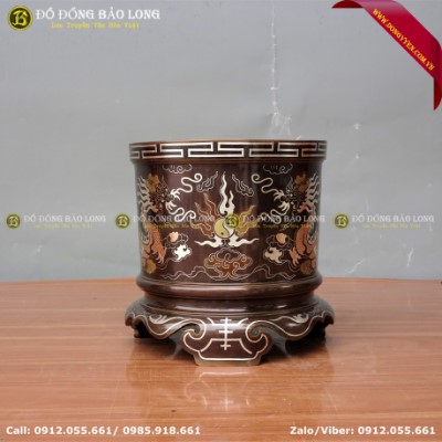 Bát Hương Bằng Đồng Đỏ Khảm Tam Khí 16cm