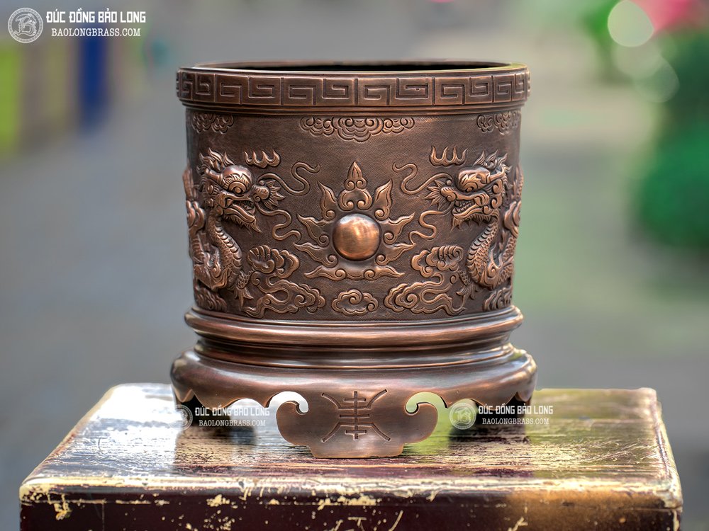Bát Hương Đồng Song Long Chầu Mặt Nguyệt ĐK 23cm Màu Giả Cổ