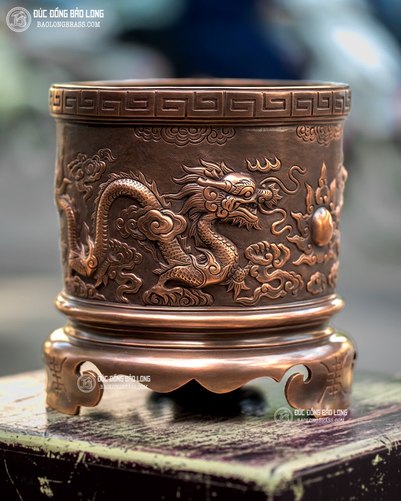 Bát hương đồng Song Long Chầu Mặt Nguyệt ĐK 23cm màu giả cổ