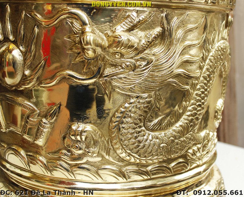 Rồng trên bát hương đồng vàng 35cm