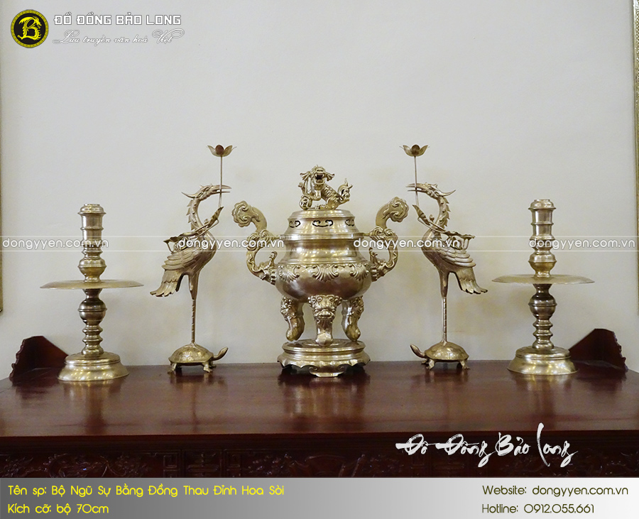 bộ ngũ sự bằng đồng hoa sòi 70cm màu mộc