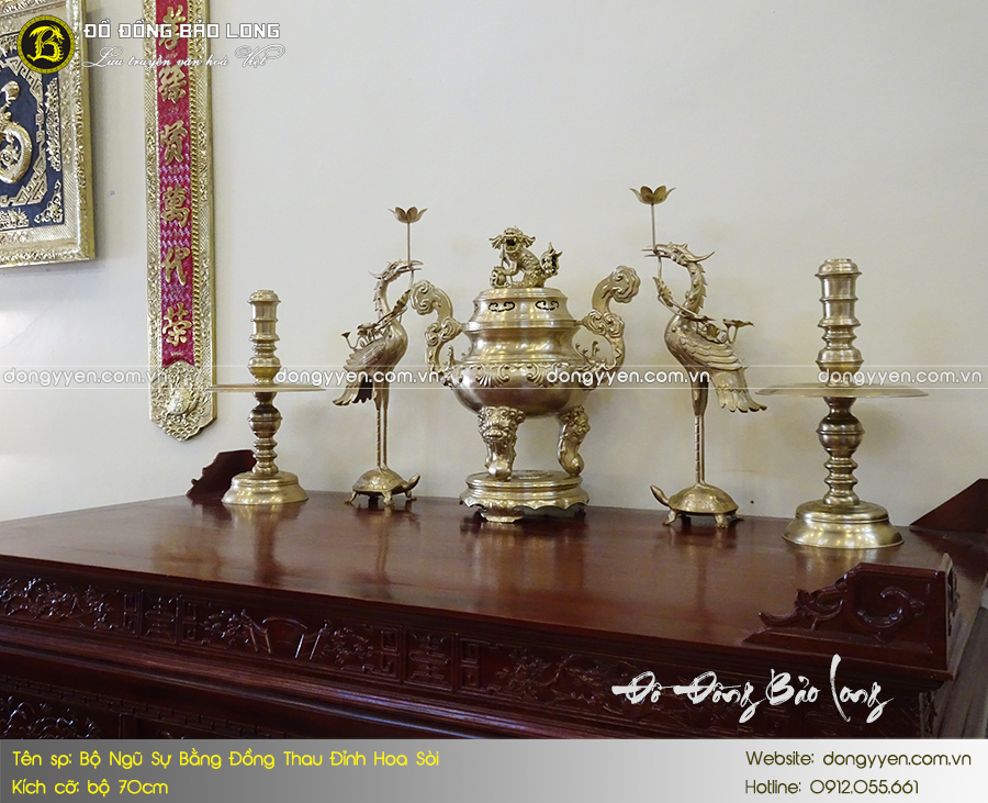 bộ ngũ sự bằng đồng hoa sòi 70cm màu mộc