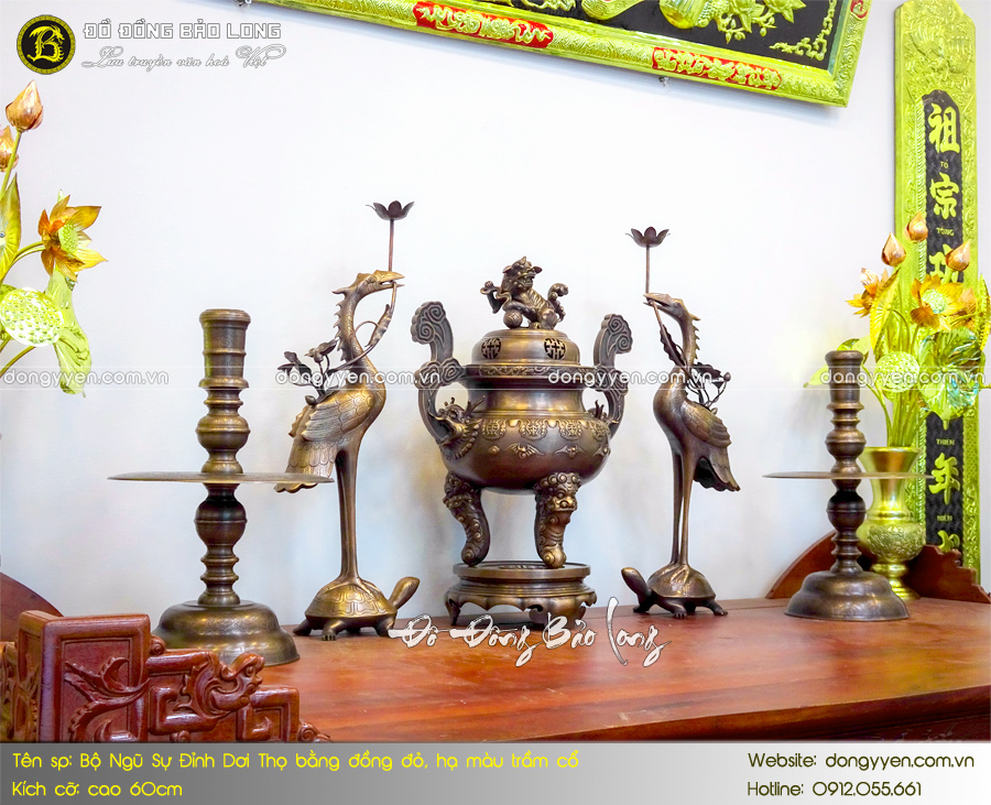 bộ ngũ sự đỉnh dơi chữ thọ bằng đồng đỏ màu trầm cổ