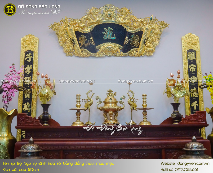 bộ ngũ sự đỉnh sòi bằng đồng thau mộc 50cm