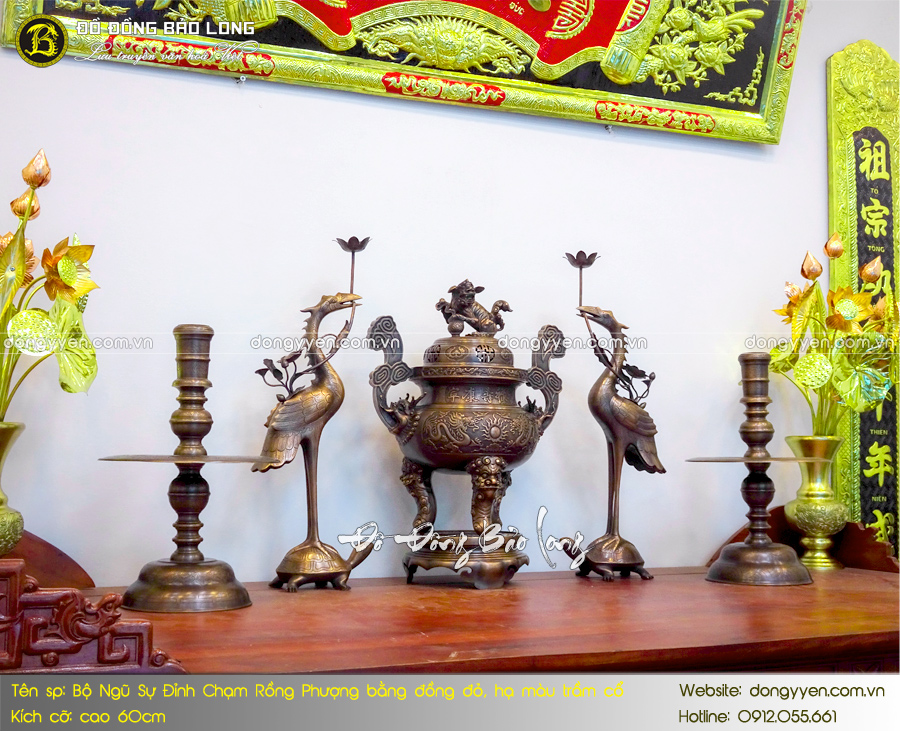 bộ ngũ sự đỉnh long phụng bằng đồng đỏ giả cổ
