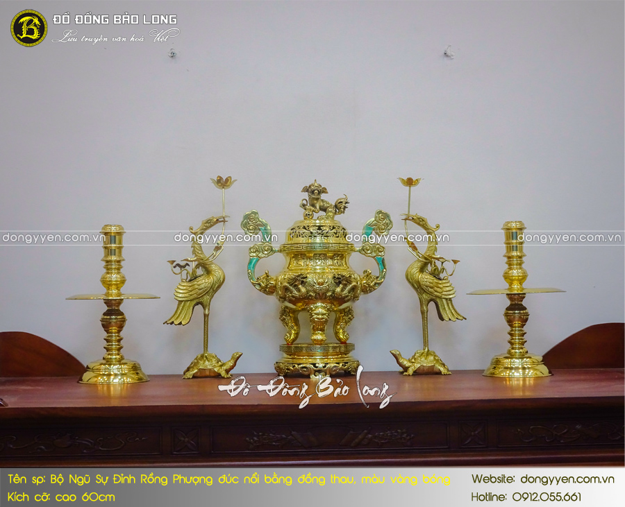 bộ ngũ sự đỉnh long phụng bằng đồng thau màu vàng bóng 60cm
