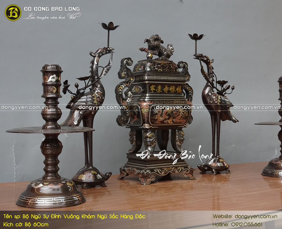 bộ ngũ sự đỉnh vuông khảm ngũ sắc 60cm