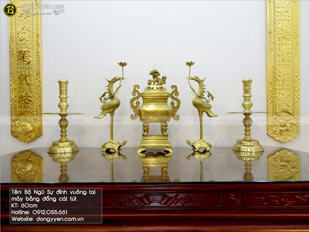 bộ ngũ sự đỉnh vuông tai mây bằng đồng catut