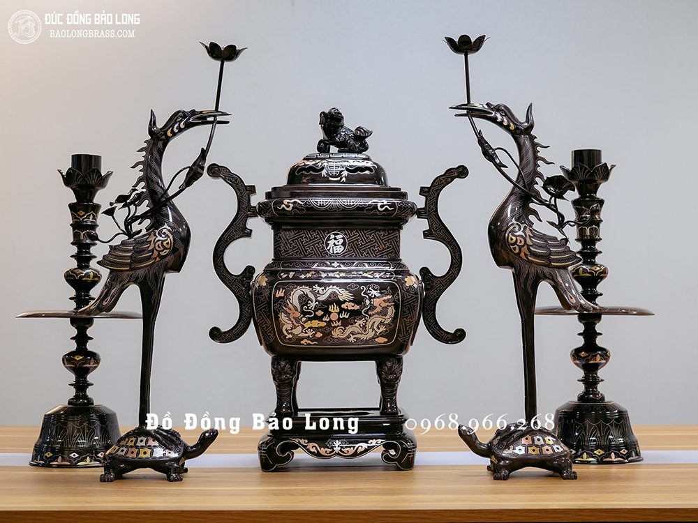 Bộ Lư Đỉnh Thờ Vuông Ngũ Sự Bằng Đồng Khảm Tam Khí Cao 60Cm