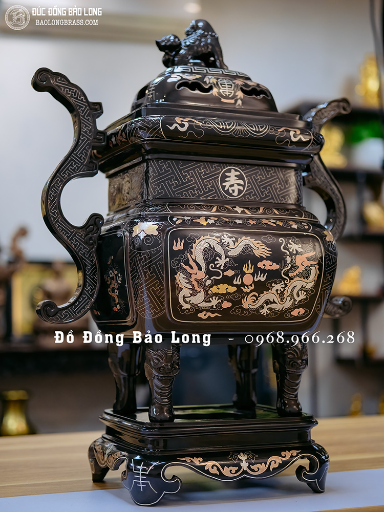 Bộ Lư Đỉnh Thờ Vuông Ngũ Sự Bằng Đồng Khảm Tam Khí Cao 60Cm