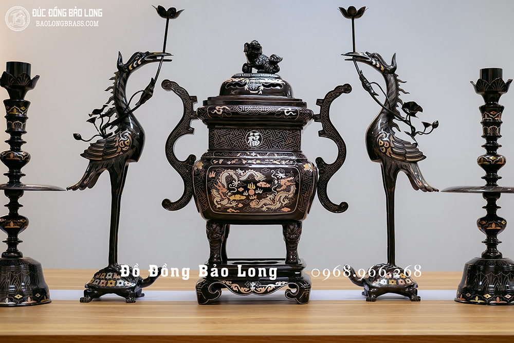 Bộ Lư Đỉnh Thờ Vuông Ngũ Sự Bằng Đồng Khảm Tam Khí Cao 60Cm