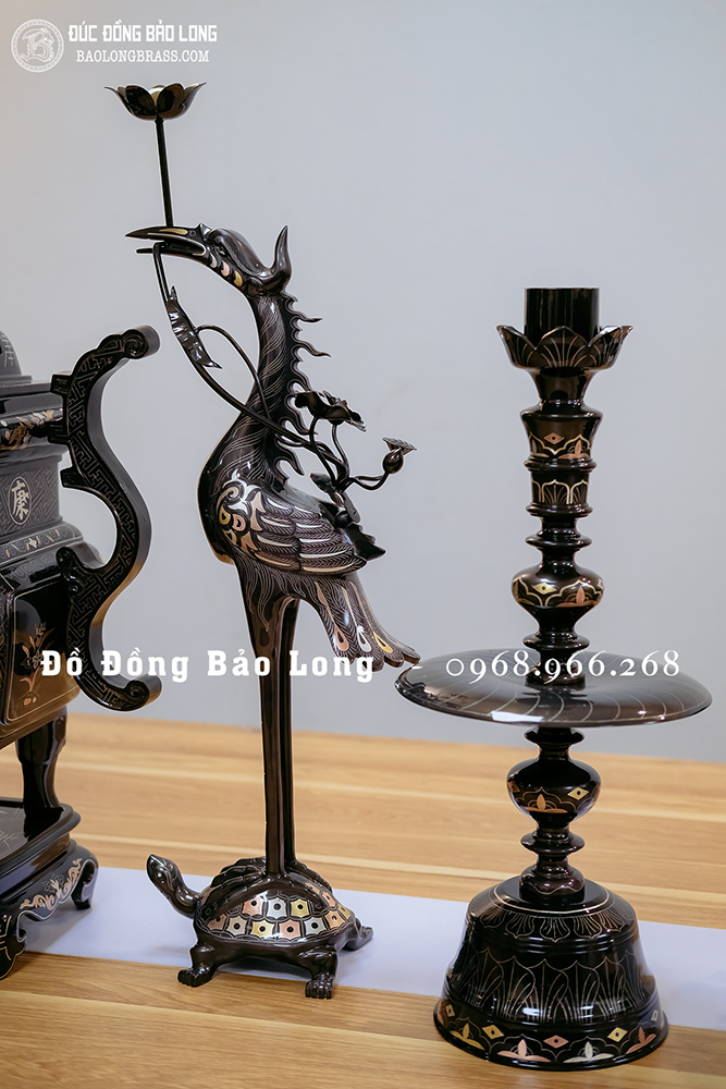 Bộ Lư Đỉnh Thờ Vuông Ngũ Sự Bằng Đồng Khảm Tam Khí Cao 60Cm