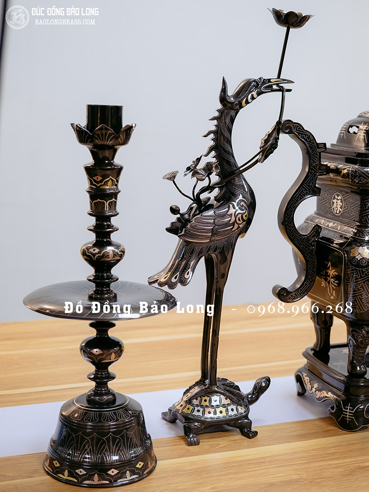 Bộ Lư Đỉnh Thờ Vuông Ngũ Sự Bằng Đồng Khảm Tam Khí Cao 60Cm