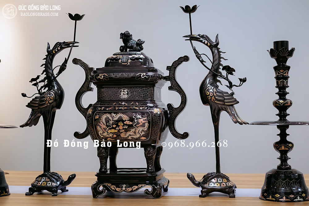 Bộ Lư Đỉnh Thờ Vuông Ngũ Sự Bằng Đồng Khảm Tam Khí Cao 60Cm