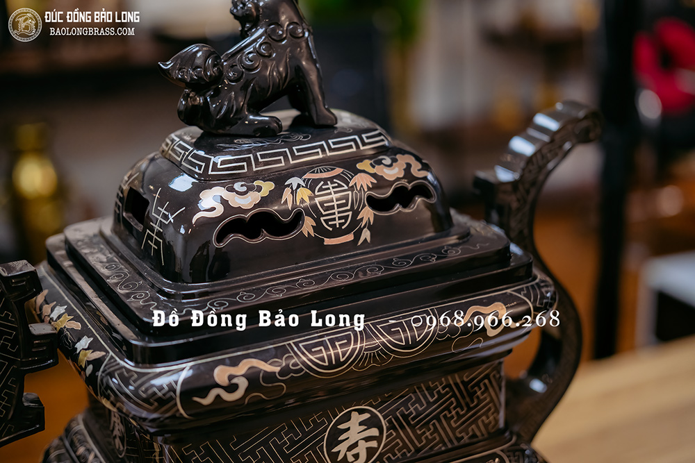 Bộ Lư Đỉnh Thờ Vuông Ngũ Sự Bằng Đồng Khảm Tam Khí Cao 60Cm