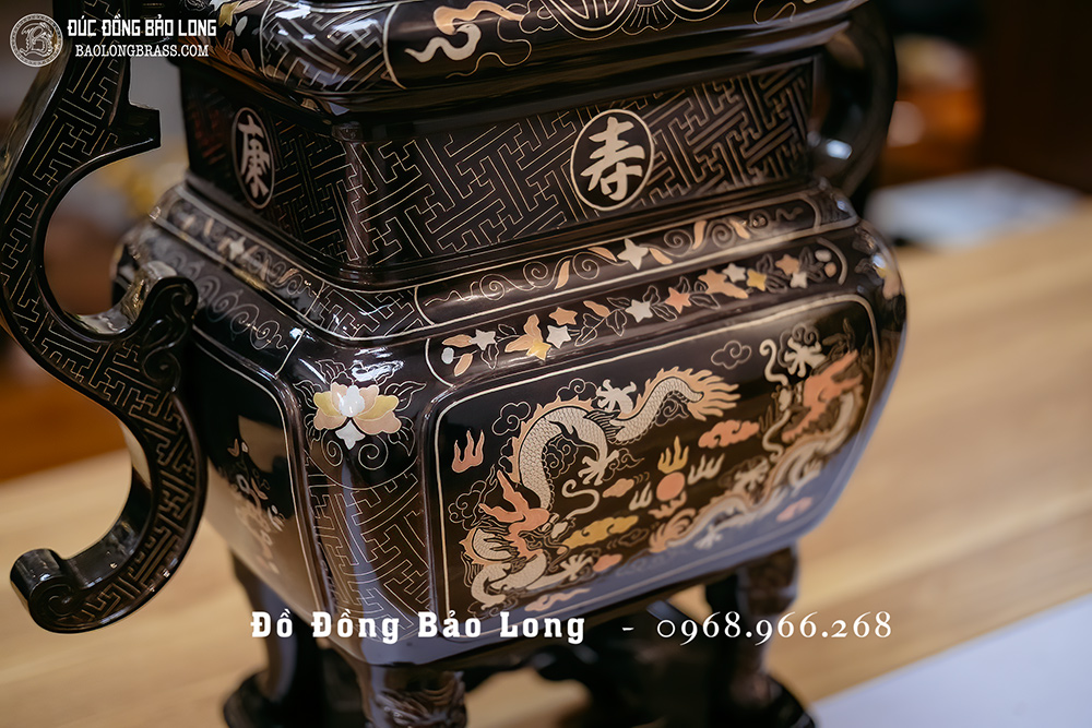 Bộ Lư Đỉnh Thờ Vuông Ngũ Sự Bằng Đồng Khảm Tam Khí Cao 60Cm