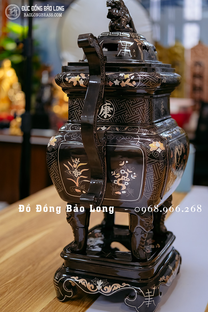 Bộ Lư Đỉnh Thờ Vuông Ngũ Sự Bằng Đồng Khảm Tam Khí Cao 60Cm