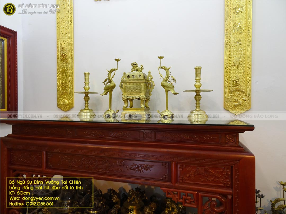 bộ ngũ sự bằng đồng đỉnh vuông tai chiện bằng đồng catut đúc nổi tứ linh